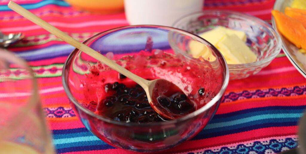 A bowl of jam made from mortiño (Andean blueberry)