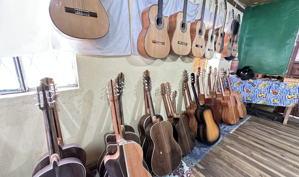 A row of hand crafted guitars
