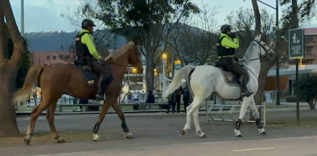 two police on horseback near a park in ecuador