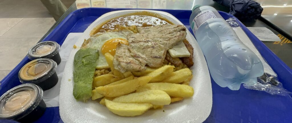 Chicken with eggs, avocado, rice and beans with fries