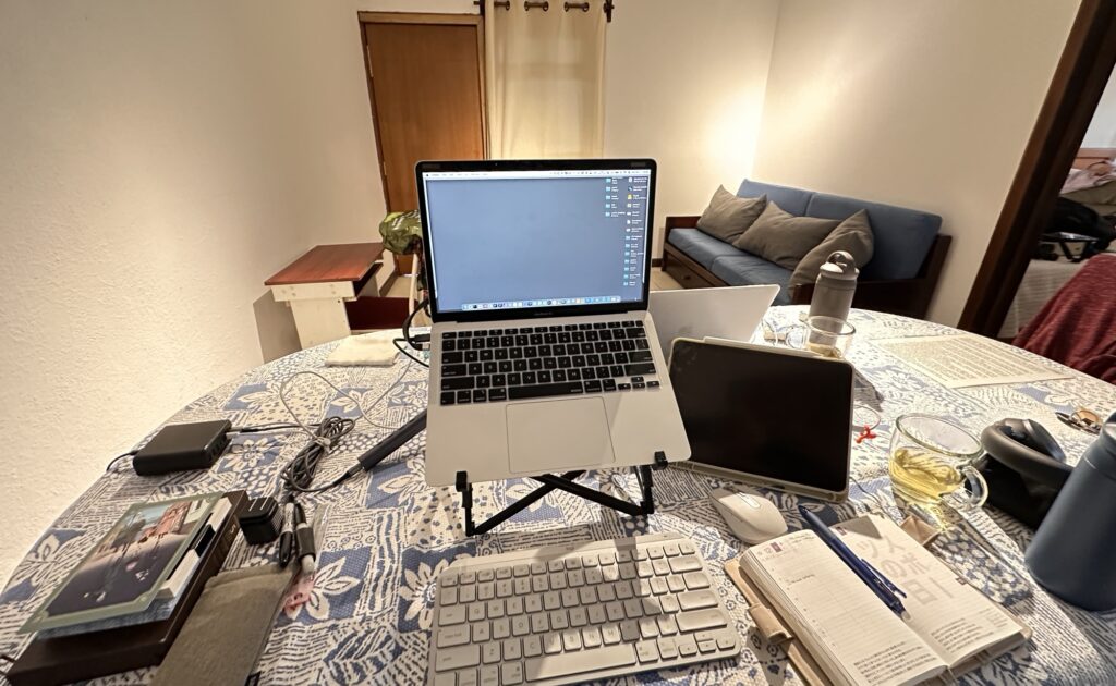 A computer set up on a table