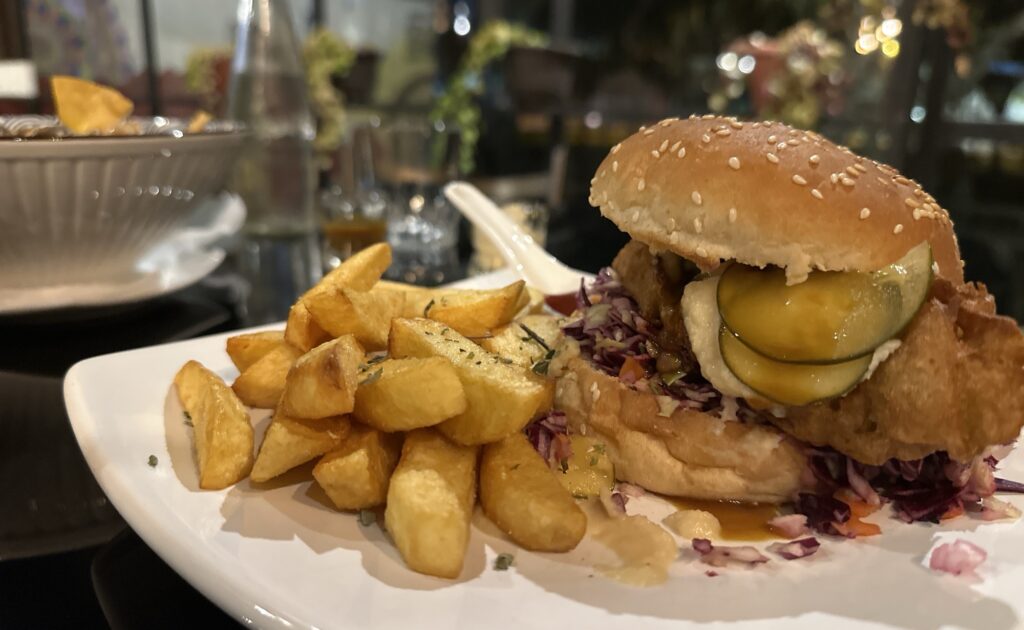 A vegan burger and fries