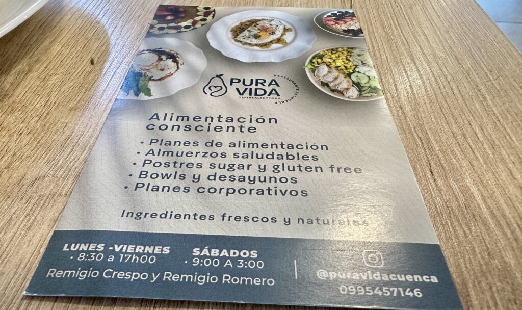 a pamphlet for Pura Vida restaurant