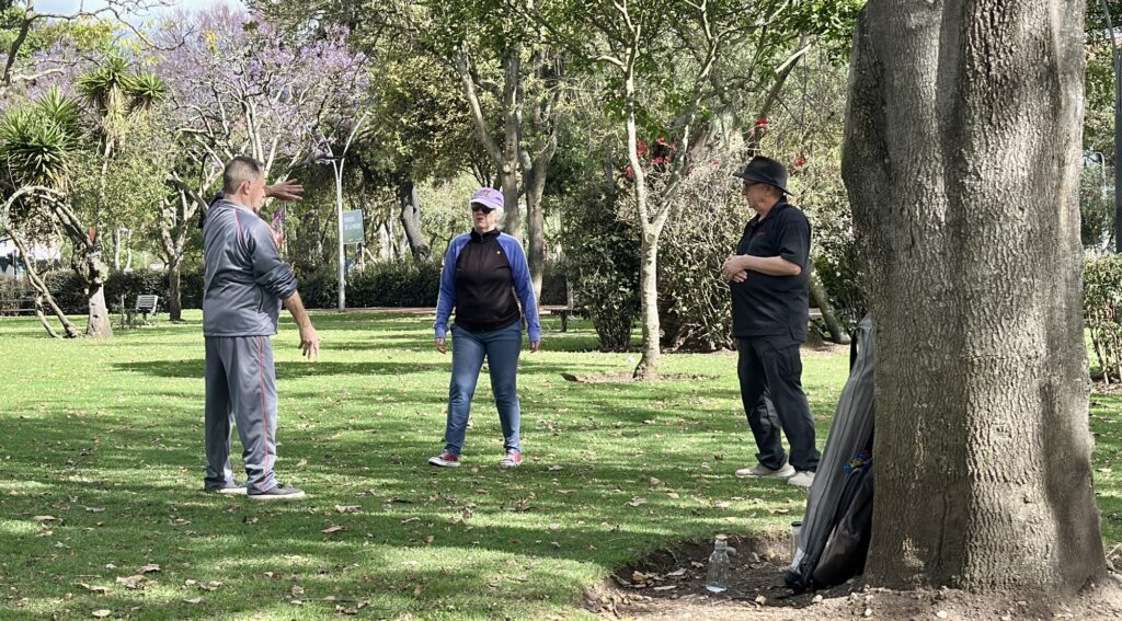 3 people practicing tai chi in the park
