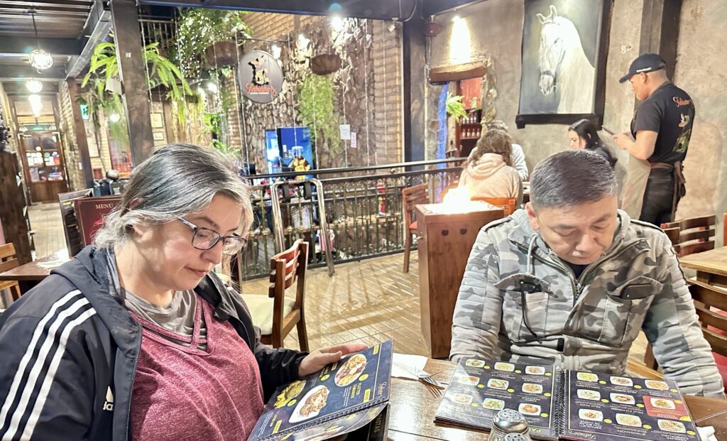Two people at a restaurant looking at menus