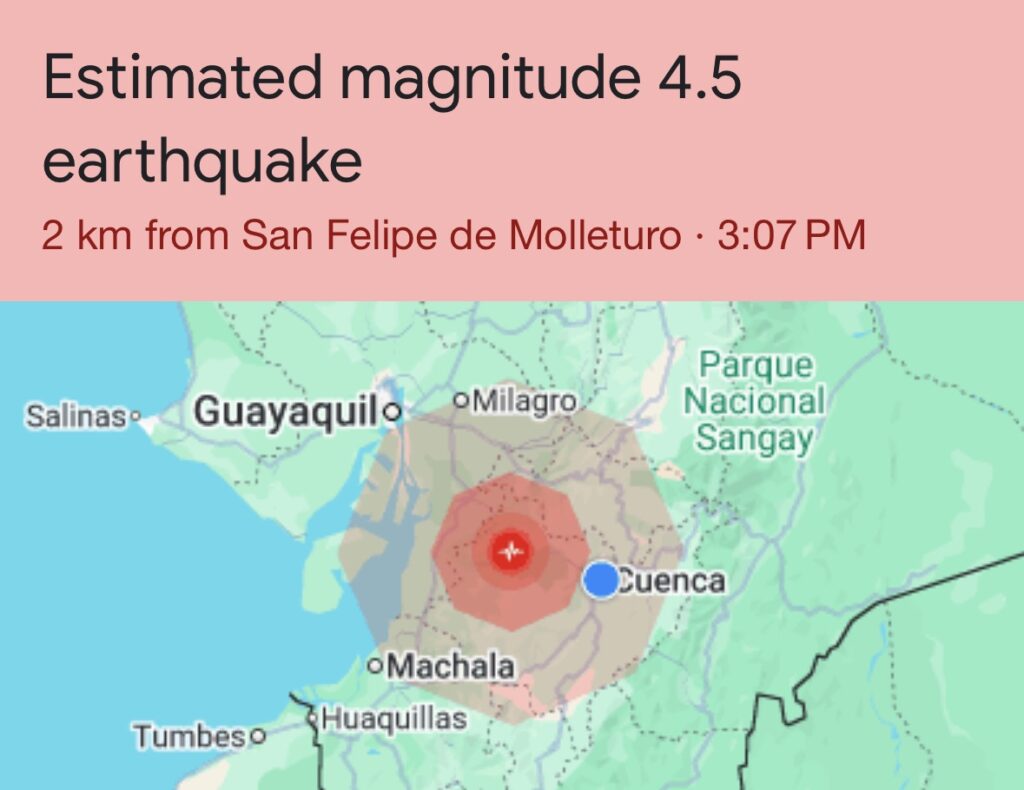 A map showing a 4.5 earthquake in ecuadorr