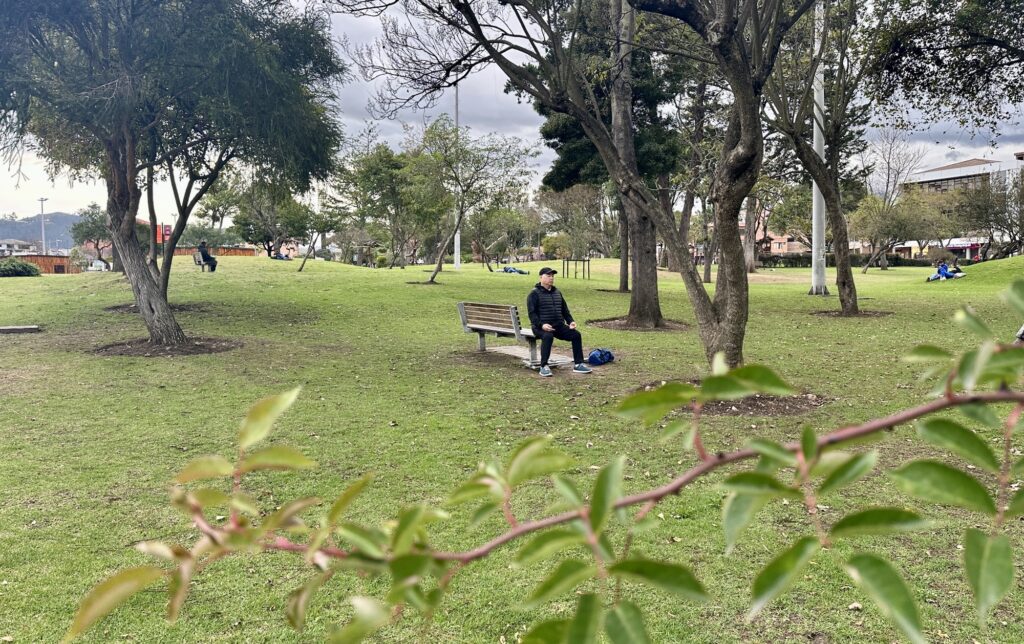 Sitting on the bench following along with the Tai Chi class