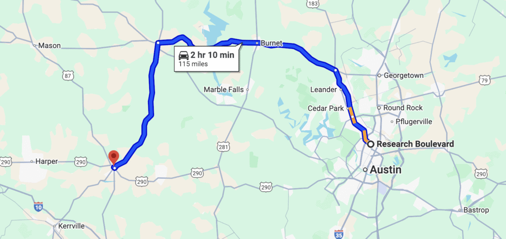 A map showing the route from Austin to Fredricksburg