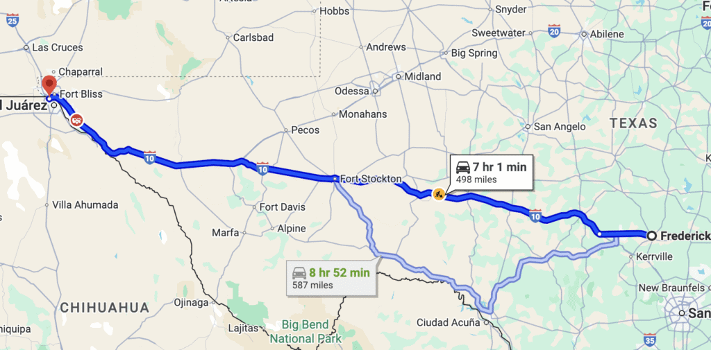 a map from Fredericksburg to El Paso