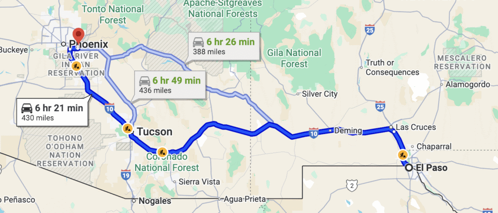 a map from El Paso to Phoenix