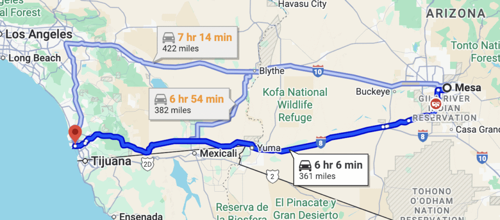 A map from Mesa Arizona to San Diego California