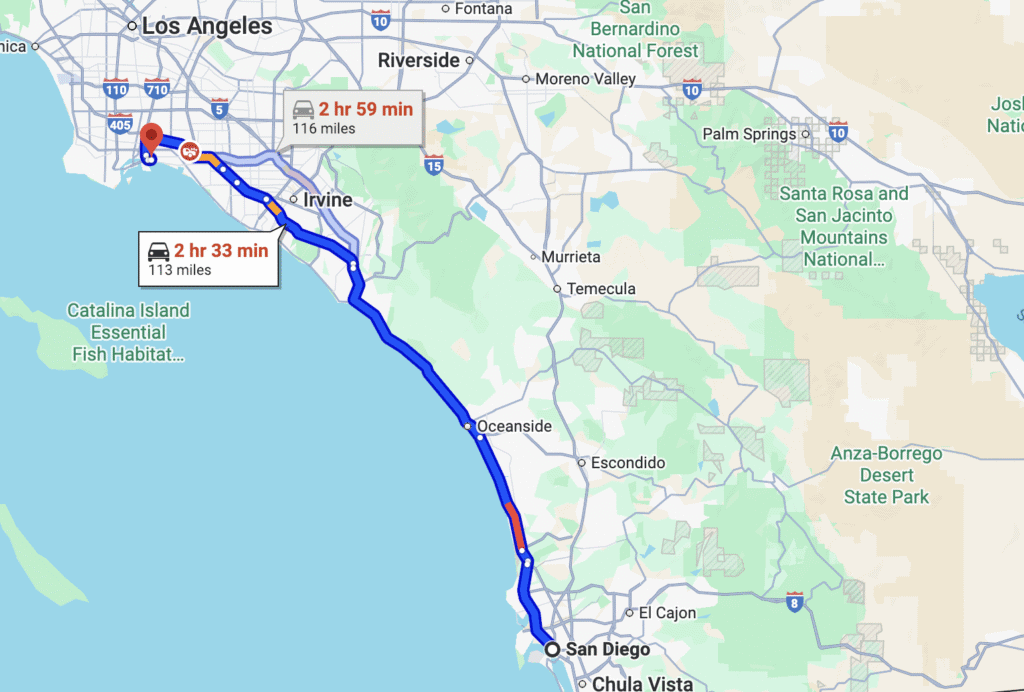 a map from San Diego to Long Beach