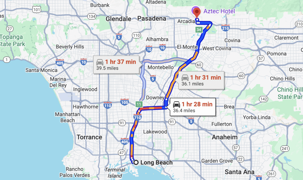 A map from Long Beach to Arcadia