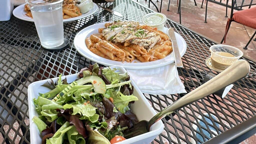salad and pasta with chicken