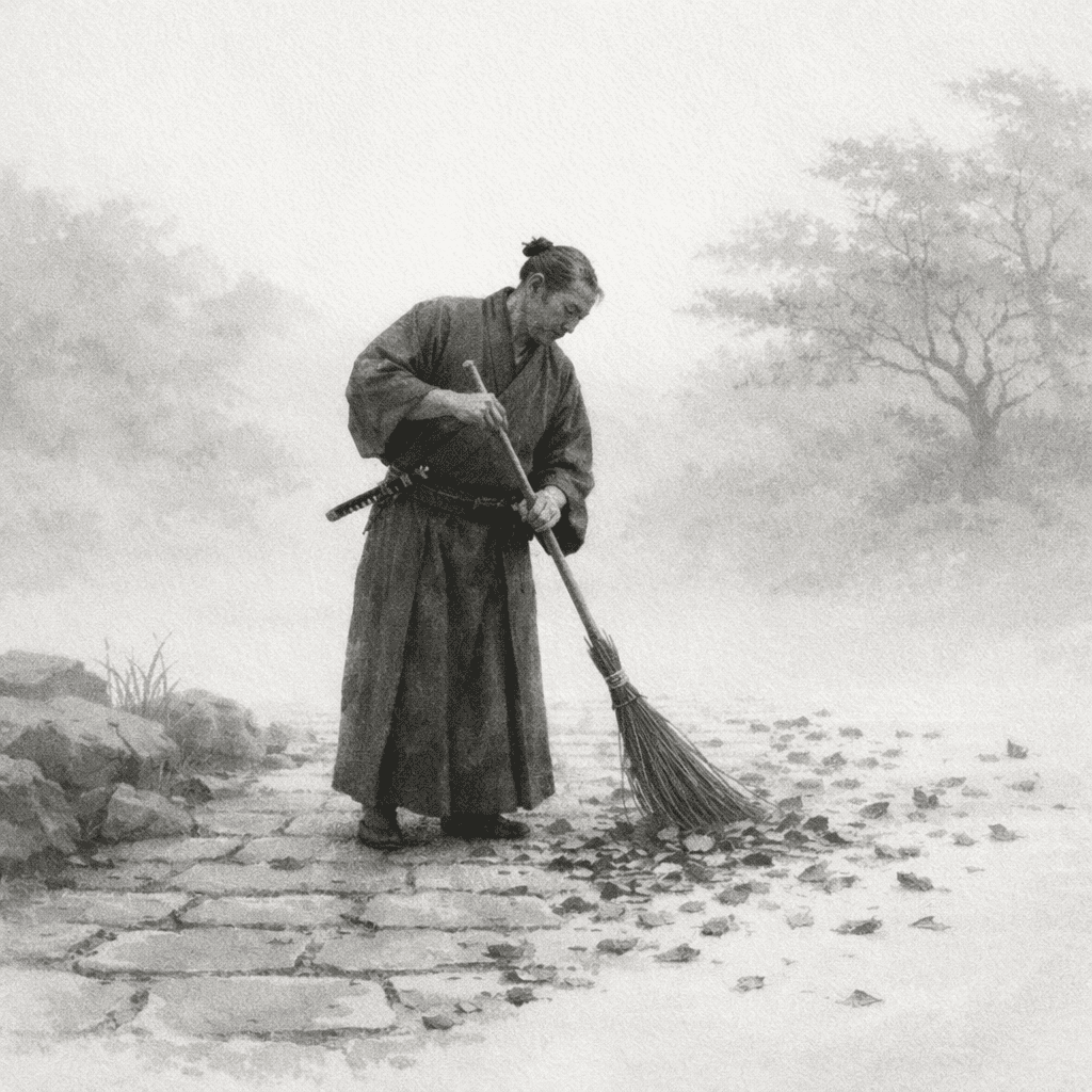 A samurai master sweeping a path