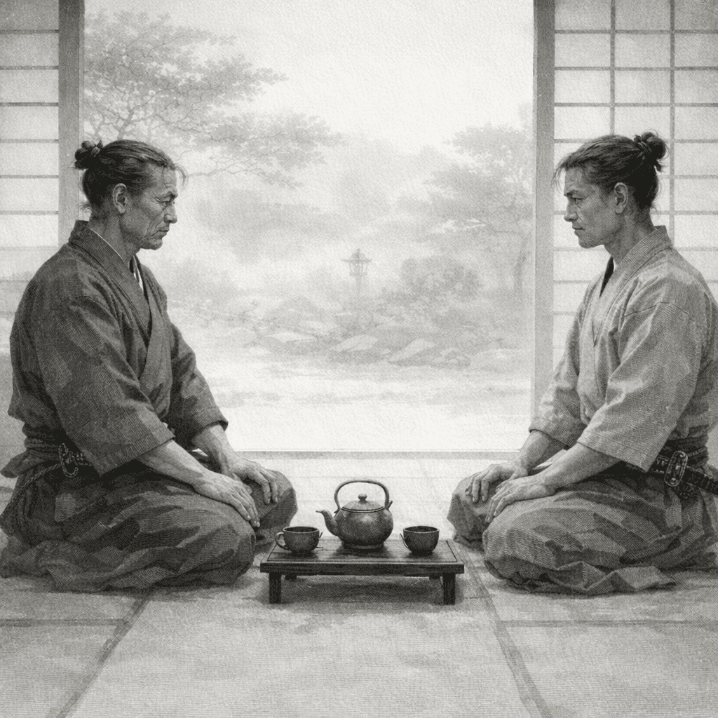 two samurai sitting across a tea set from each other