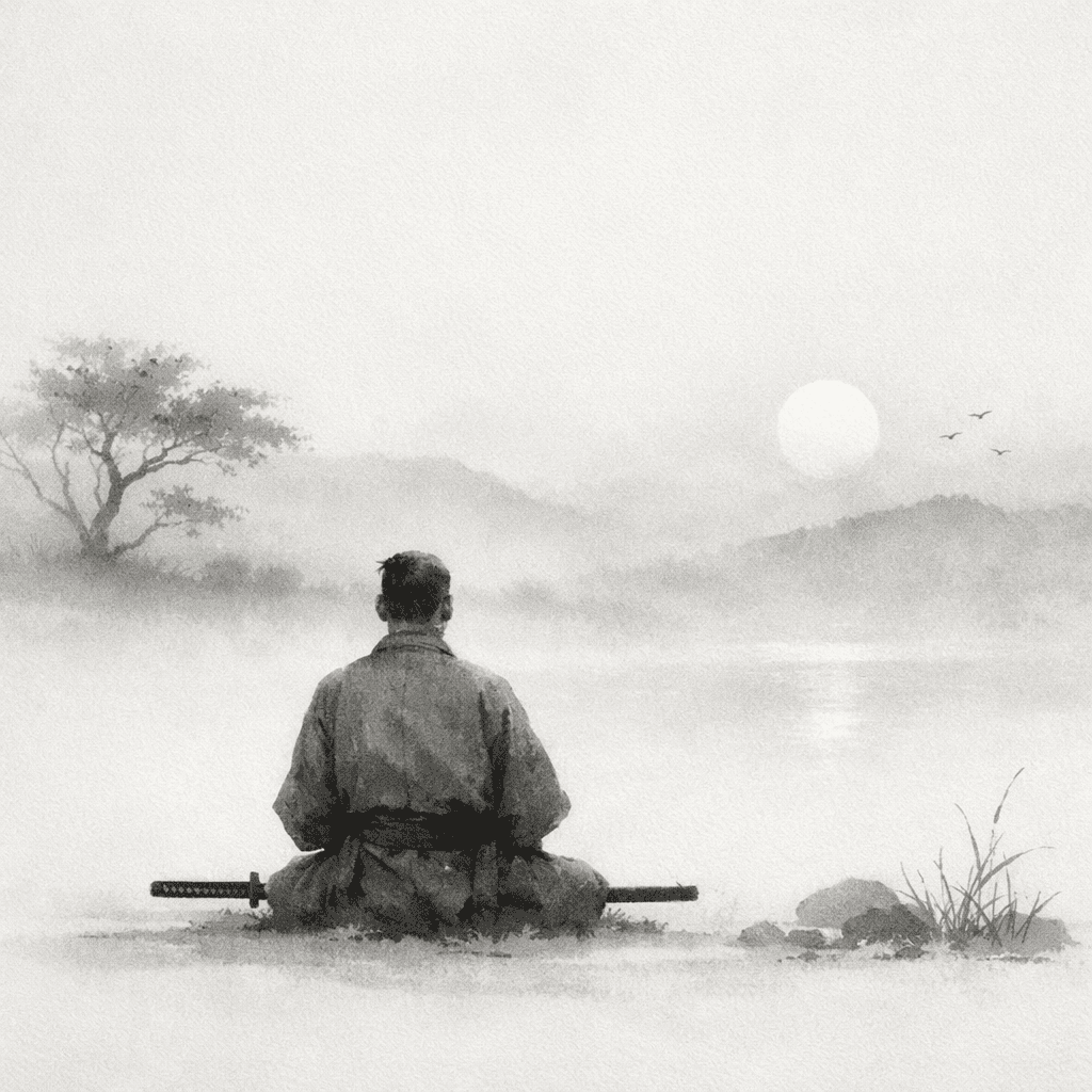 A black and white painting of a samurai watching a sunset